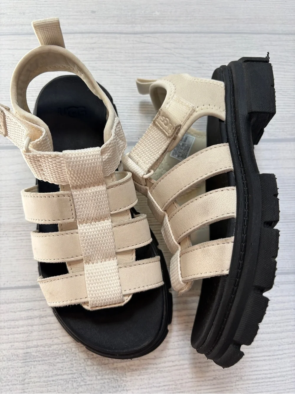 UGG Kids Cream-Strap Sport Sandals with Black Lug Sole
